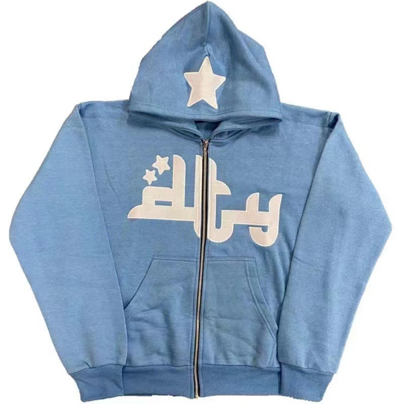 Zipup hoodie with Star and text Embroidery