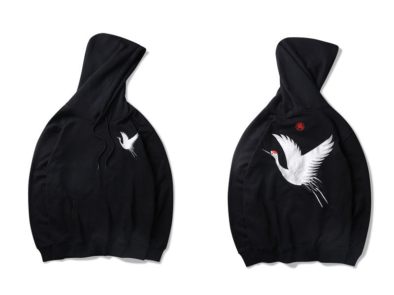 Crane Embroidered Hoodie - Japanese Inspired Streetwear