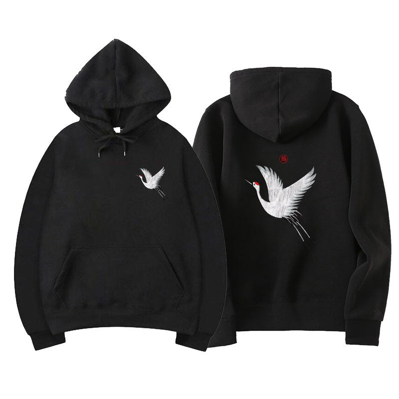 Crane Embroidered Hoodie - Japanese Inspired Streetwear