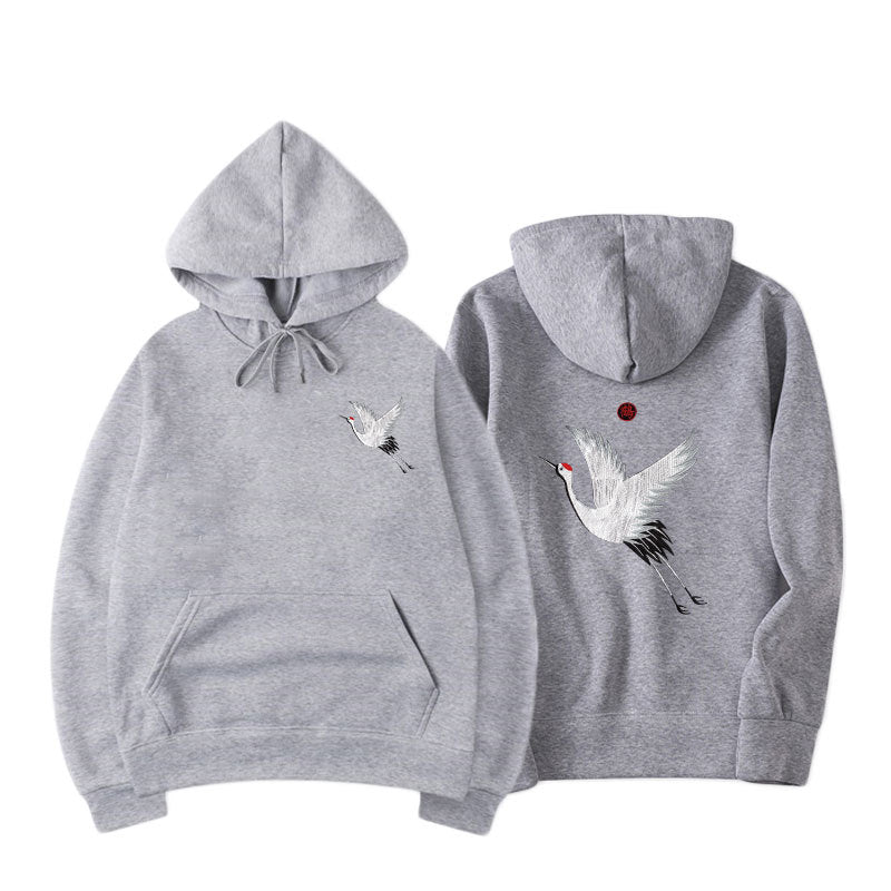 Crane Embroidered Hoodie - Japanese Inspired Streetwear