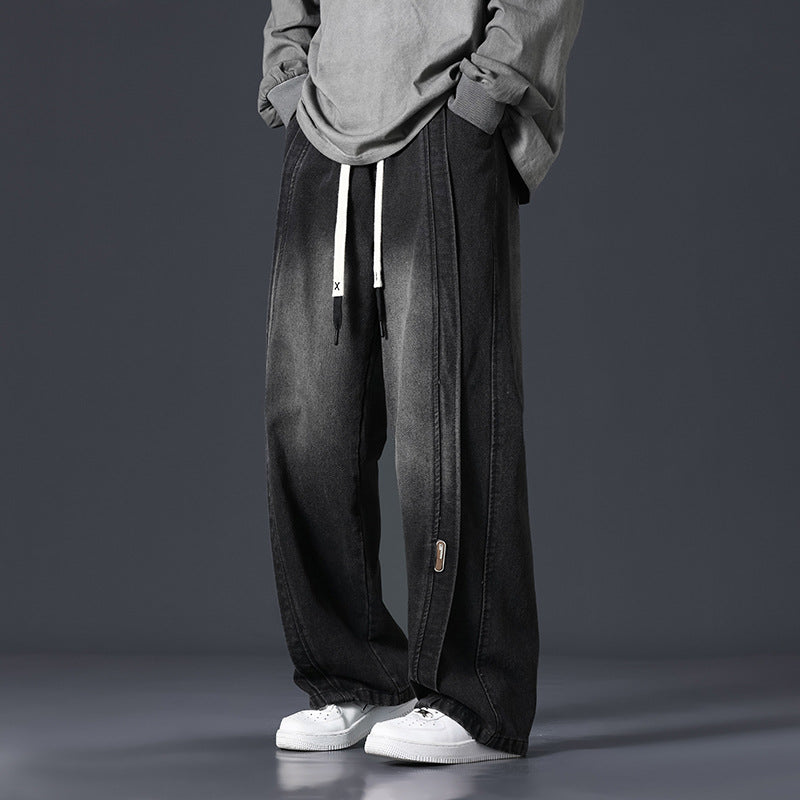 Retro Patchwork Washed Oversized Jeans With Strings Men