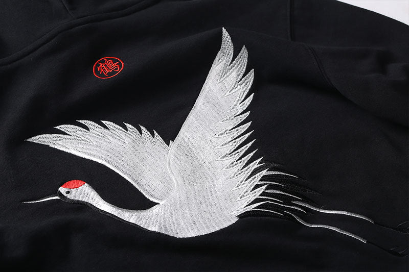 Crane Embroidered Hoodie - Japanese Inspired Streetwear