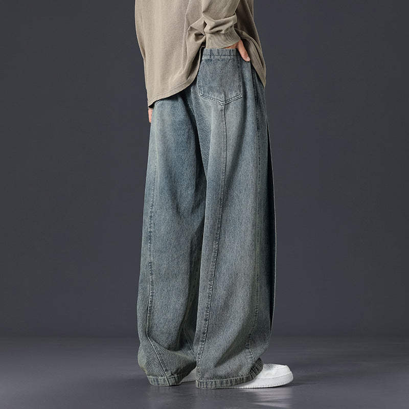 Retro Patchwork Washed Oversized Jeans With Strings Men
