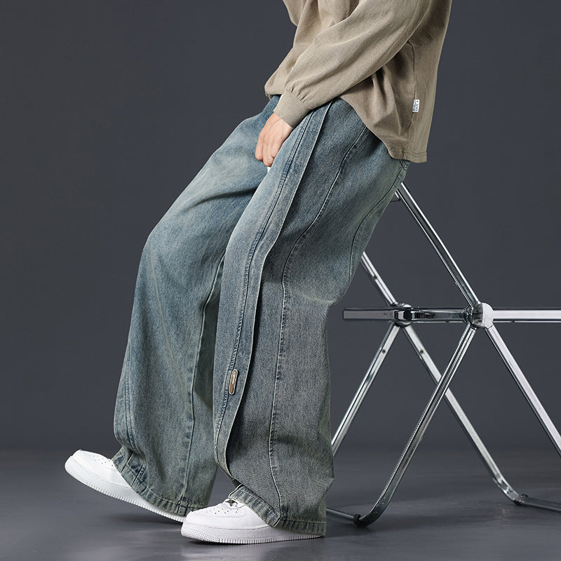 Retro Patchwork Washed Oversized Jeans With Strings Men