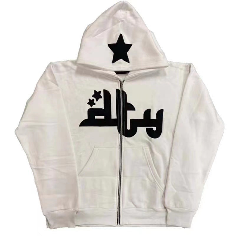 Zipup hoodie with Star and text Embroidery