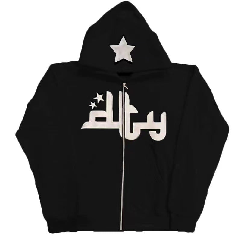 Zipup hoodie with Star and text Embroidery