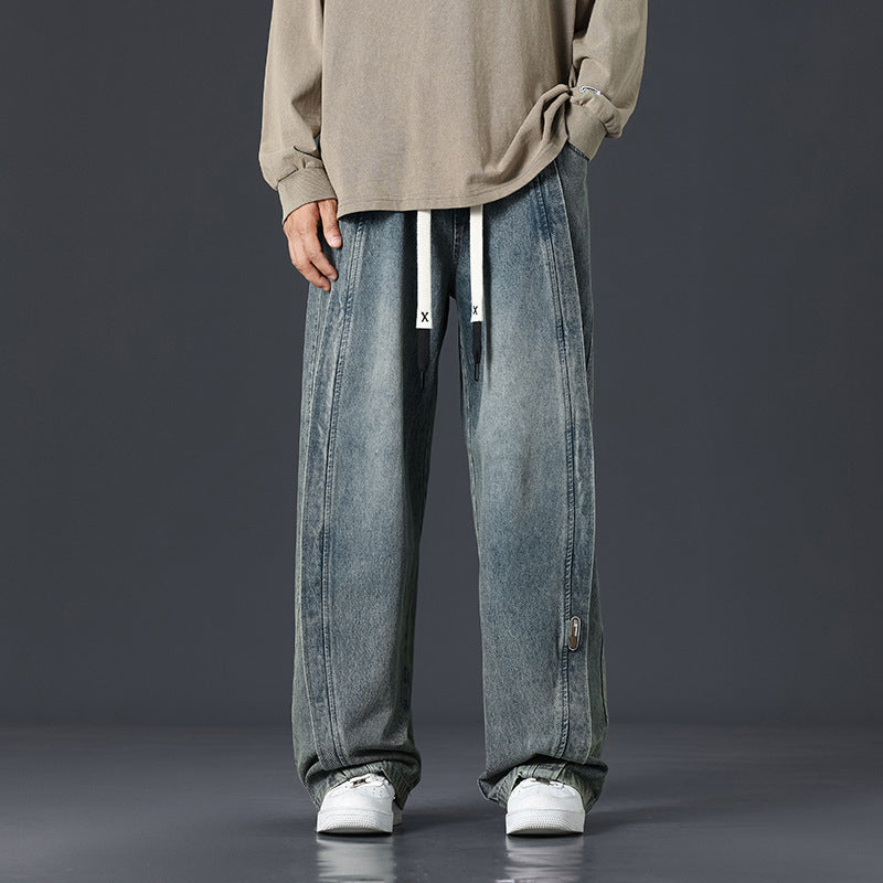 Retro Patchwork Washed Oversized Jeans With Strings Men