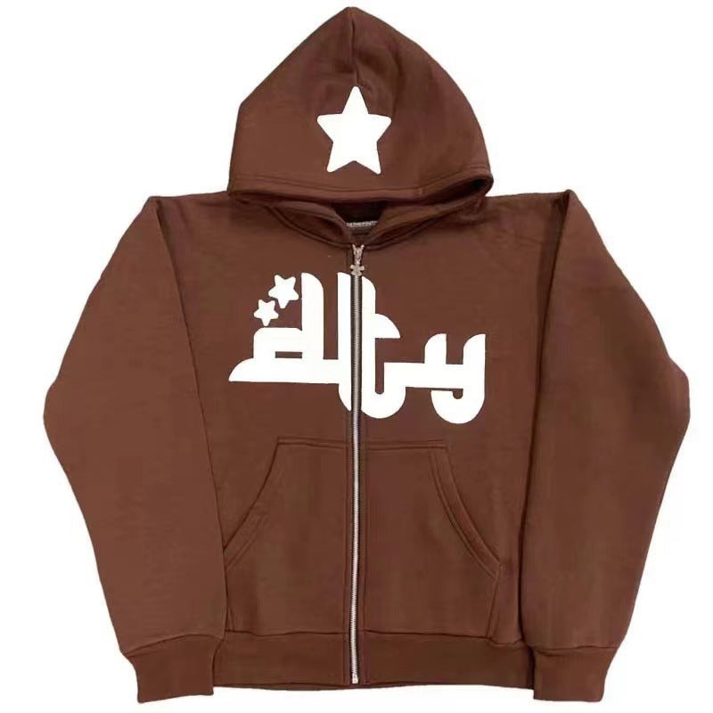 Zipup hoodie with Star and text Embroidery